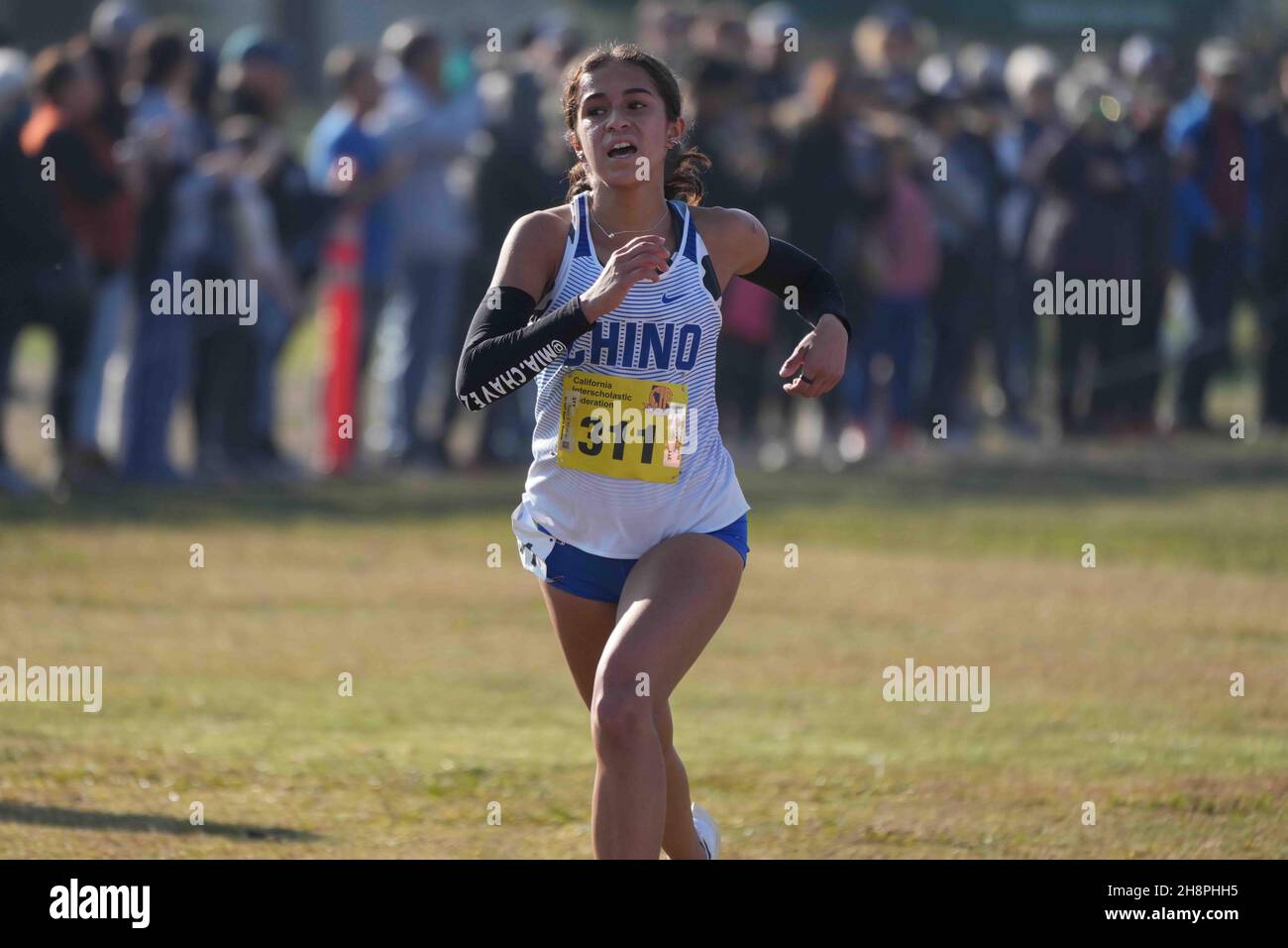 Mia Chavez (311) de Chino-SS se classe quatrième dans la course de division 3 filles lors des Championnats de cross-country de l'État CIF à Woodward Park, samedi 27 novembre 2021, à Fresno, Etalonnage Banque D'Images