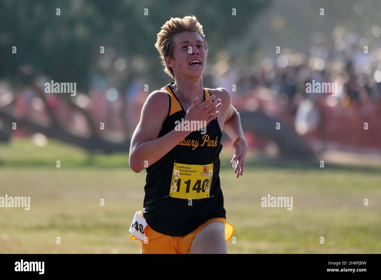 Aaron Sahlman (1140) de Newbury Park-SS se classe quatrième dans la course garçons Division I en 14:55,6 lors des Championnats de Cross Country de la CIF à Woodward Park, samedi 27 novembre 2021, à Fresno, Etalonnage Banque D'Images