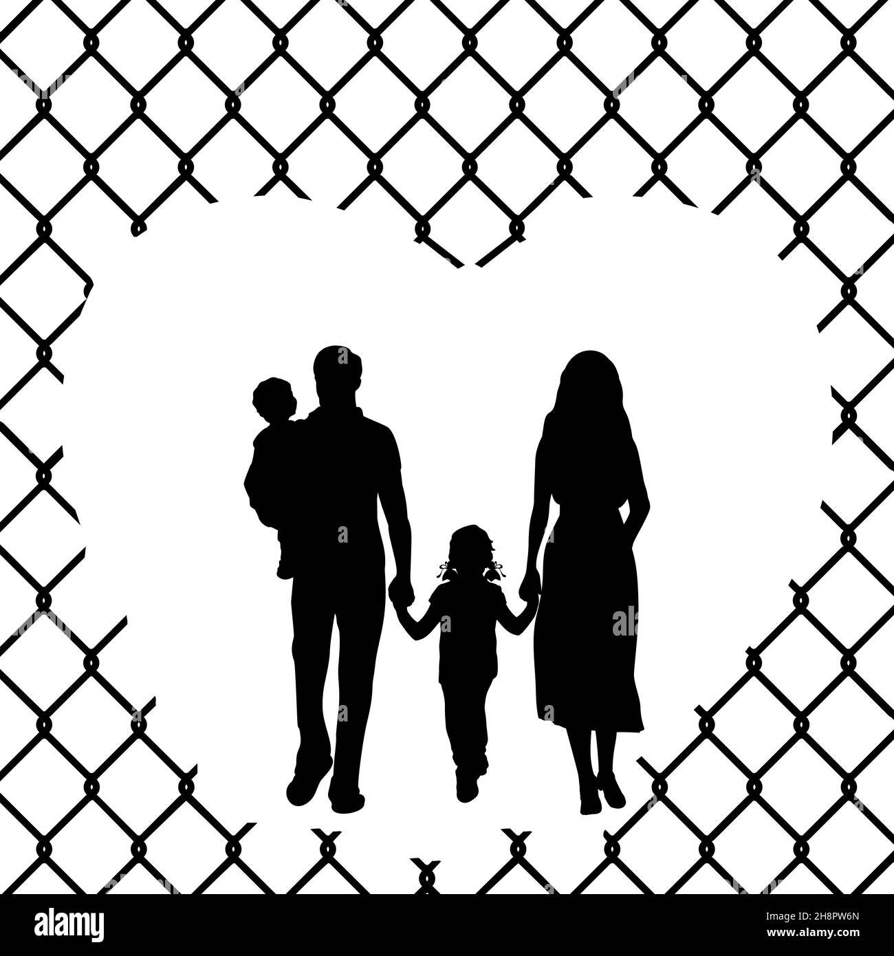 La famille Silhouette migre par une clôture barbelée.Journée mondiale des réfugiés.Icône de symbole d'illustration Illustration de Vecteur