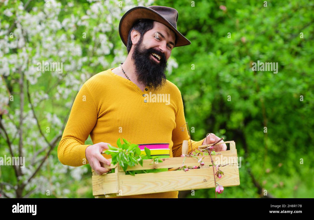 Agriculteur travaille dans le jardin.Homme barbu se préparant à planter.Jardinage.Éco-exploitation.Agriculture de printemps. Banque D'Images