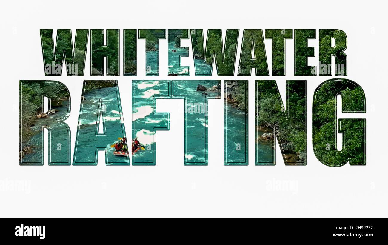 Drone point de vue photo de personnes dans rafting Bateaux sur Whitewater intérieur transparent texte.Équipes de rafting en eau vive descendant des rapides avec Pad Banque D'Images
