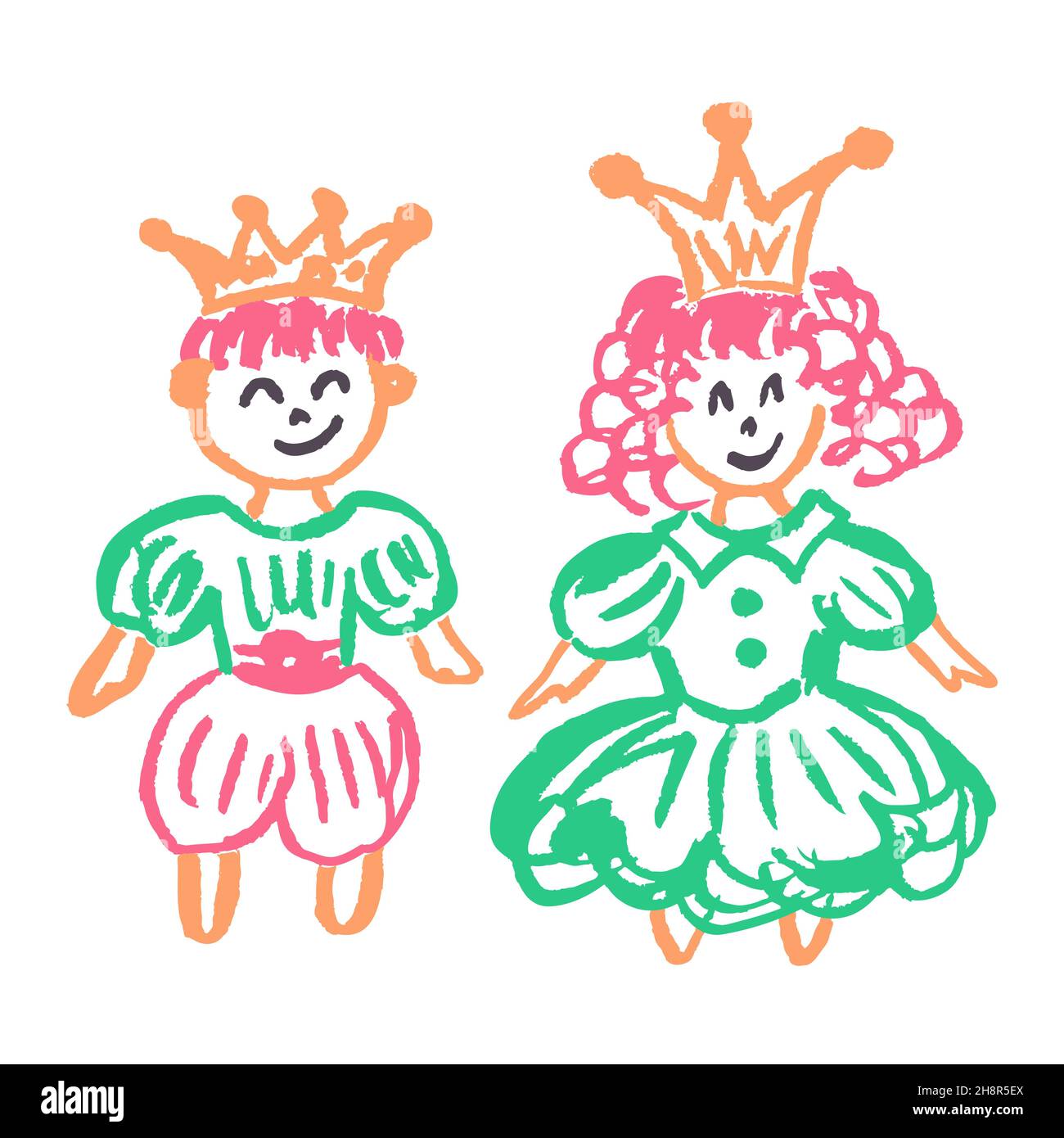 Prince et Princesse.Style de dessin de l'icône à la main.Dessiner avec des crayons de cire, de la craie colorée, de la créativité des enfants.Illustration vectorielle.Signe, symbole, broche, Illustration de Vecteur