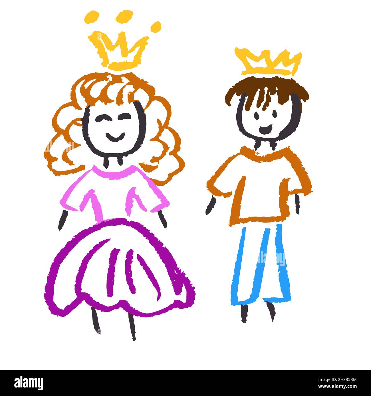 Style de dessin de l'icône à la main.Prince et Princesse.Dessiner avec des crayons de cire, de la craie colorée, de la créativité des enfants.Illustration vectorielle.Signe, symbole, broche, Illustration de Vecteur