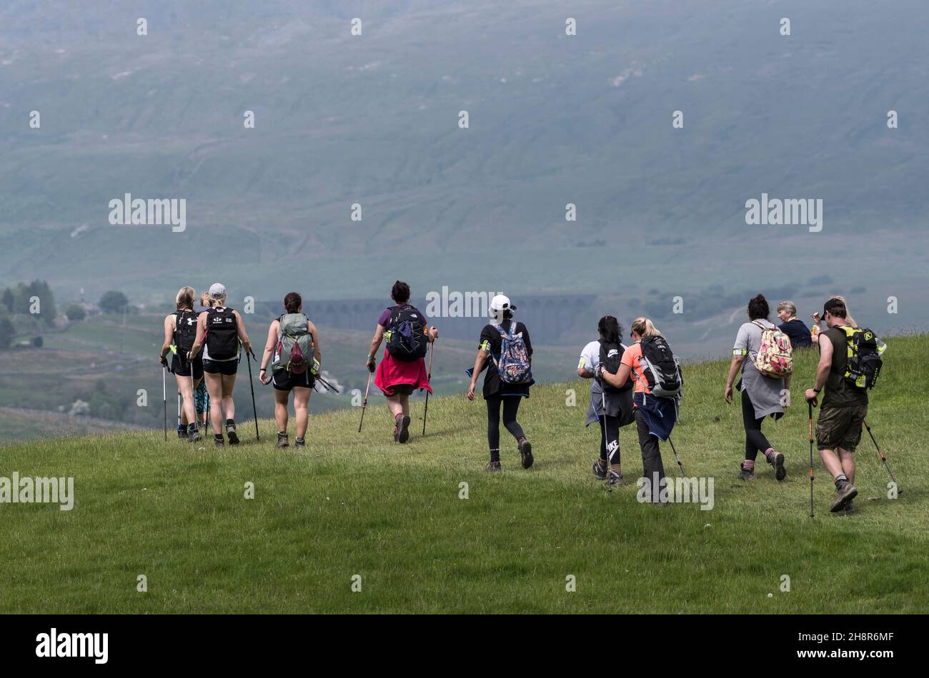 Groupe de marche sur une colline sur le sentier des trois sommets, qui s'est concentré sur un arrière-plan doux et chaud et brumeux de la colline de Whernside et du viaduc de Ribblehead Banque D'Images