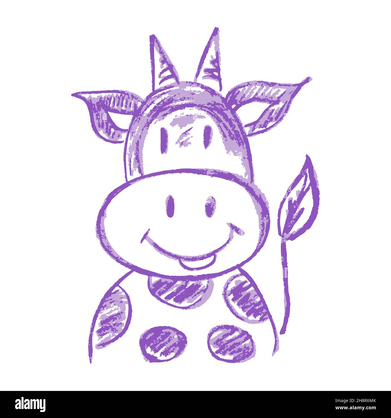 Vache.Style de dessin de l'icône à la main.Dessiner avec des crayons de cire, de la craie colorée, de la créativité des enfants.Signe, symbole, autocollant Illustration de Vecteur