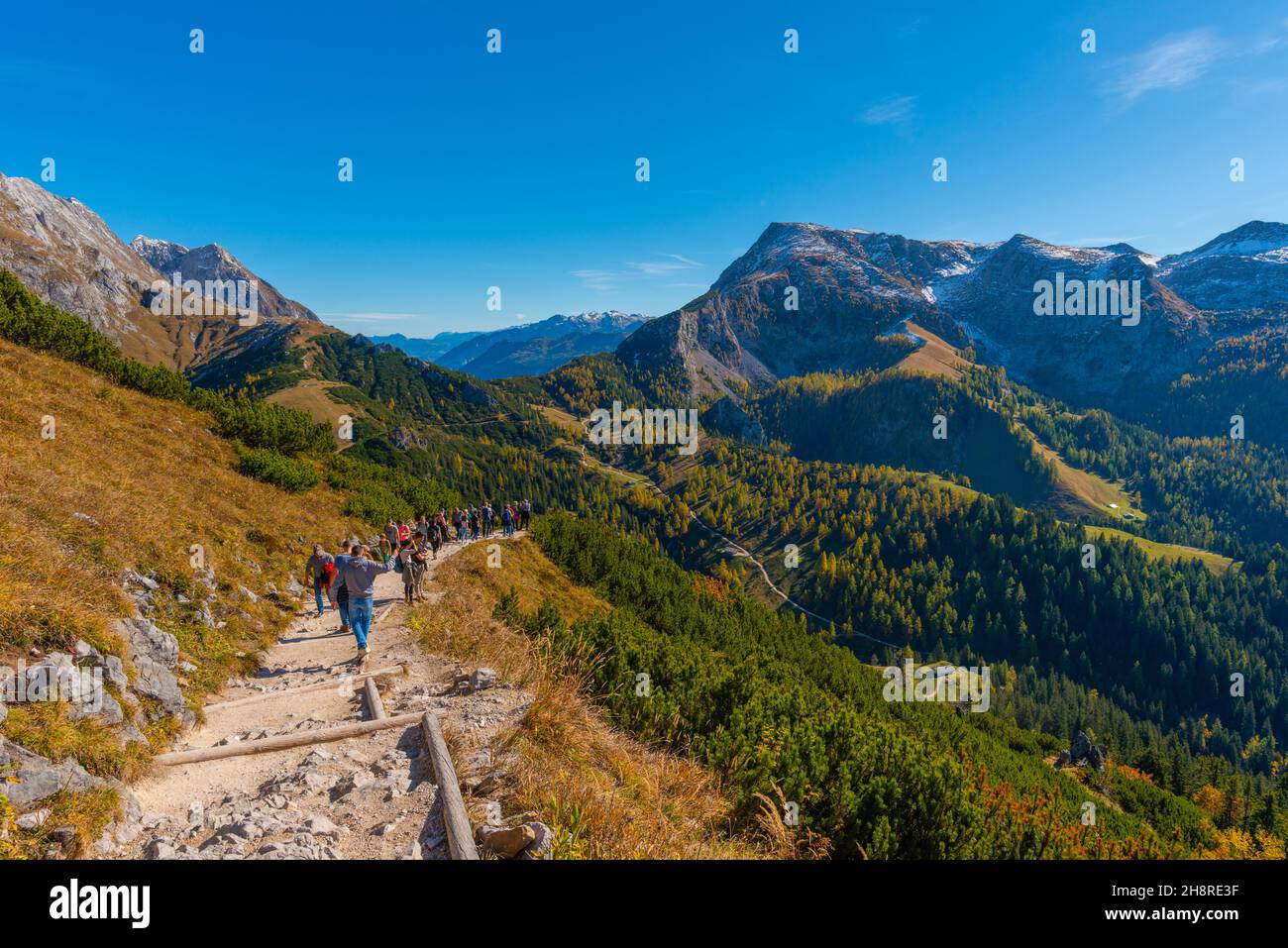 Sentier entre le sommet de Jenner et le haut plateau de Jenner à environ 1800m asl avec la hutte de Jenneralm ou Jenner Alm, haute-Bavière, sud de l'Allemagne Banque D'Images