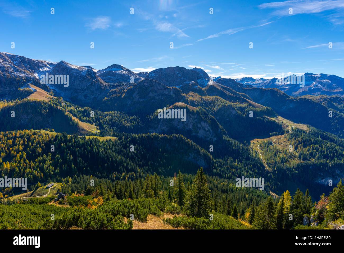 Vue sur et depuis le haut plateau de Jenner à environ 1800m asl, Alpes bavaroises, haute-Bavière, sud de l'Allemagne Banque D'Images