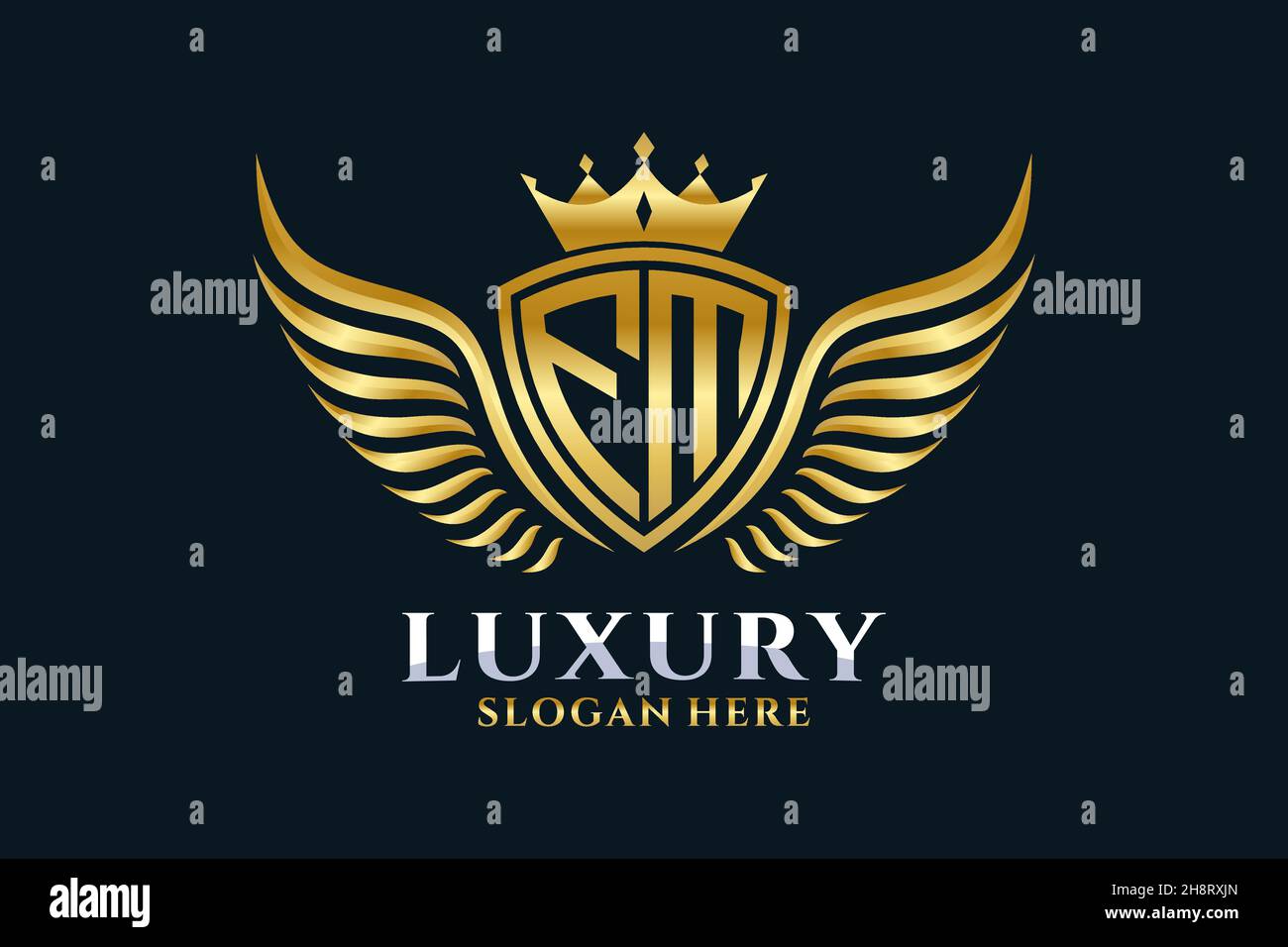 Luxury Royal WiNG lettre FM Crest couleur or logo Vector, logo Victory, logo Crest, logo WiNG, logo Vector . Illustration de Vecteur