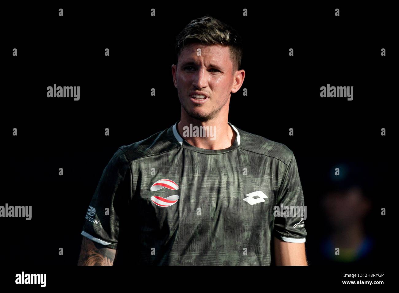 SYDNEY, AUSTRALIE - JANVIER 04 : Dennis Novak d'Autriche frustré par lui-même pendant la deuxième journée du match des célibataires du Groupe lors de la coupe ATP tennis 2020 à la Ken Rosewall Arena le 04 janvier 2020 à Sydney, Australie.Crédit : Speed Media/Alamy Live News Banque D'Images