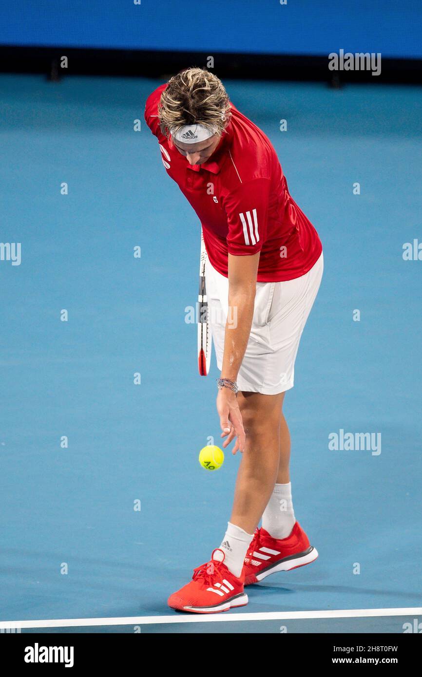 SYDNEY, AUSTRALIE - 04 JANVIER : Dominic Thiem, d'Autriche, sert pendant la deuxième journée du match des singles du groupe lors de la coupe ATP tennis 2020 à la Ken Rosewall Arena le 04 janvier 2020 à Sydney, en Australie.Crédit : Speed Media/Alamy Live News Banque D'Images