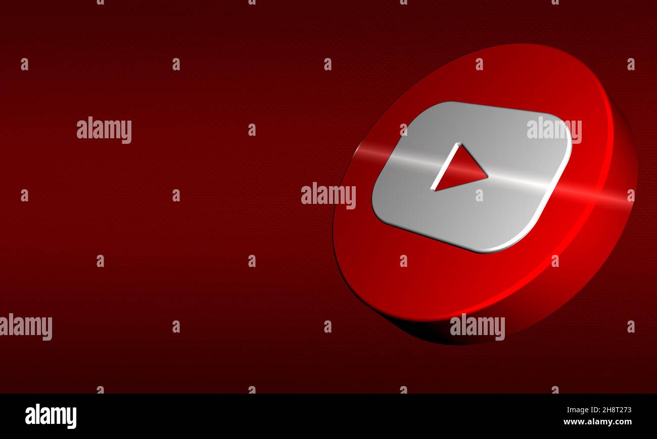 Survol de YouTube Button3D Rendering en arrière-plan rouge.Style de logo en trois dimensions You tube flashé avec espace de copie.Icône de visualisation 3D des médias sociaux Banque D'Images