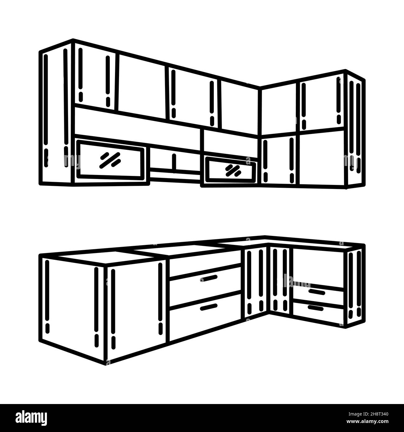 Armoires de cuisine partie du mobilier et de l'équipement de maison dessin main icône ensemble Vector. Illustration de Vecteur