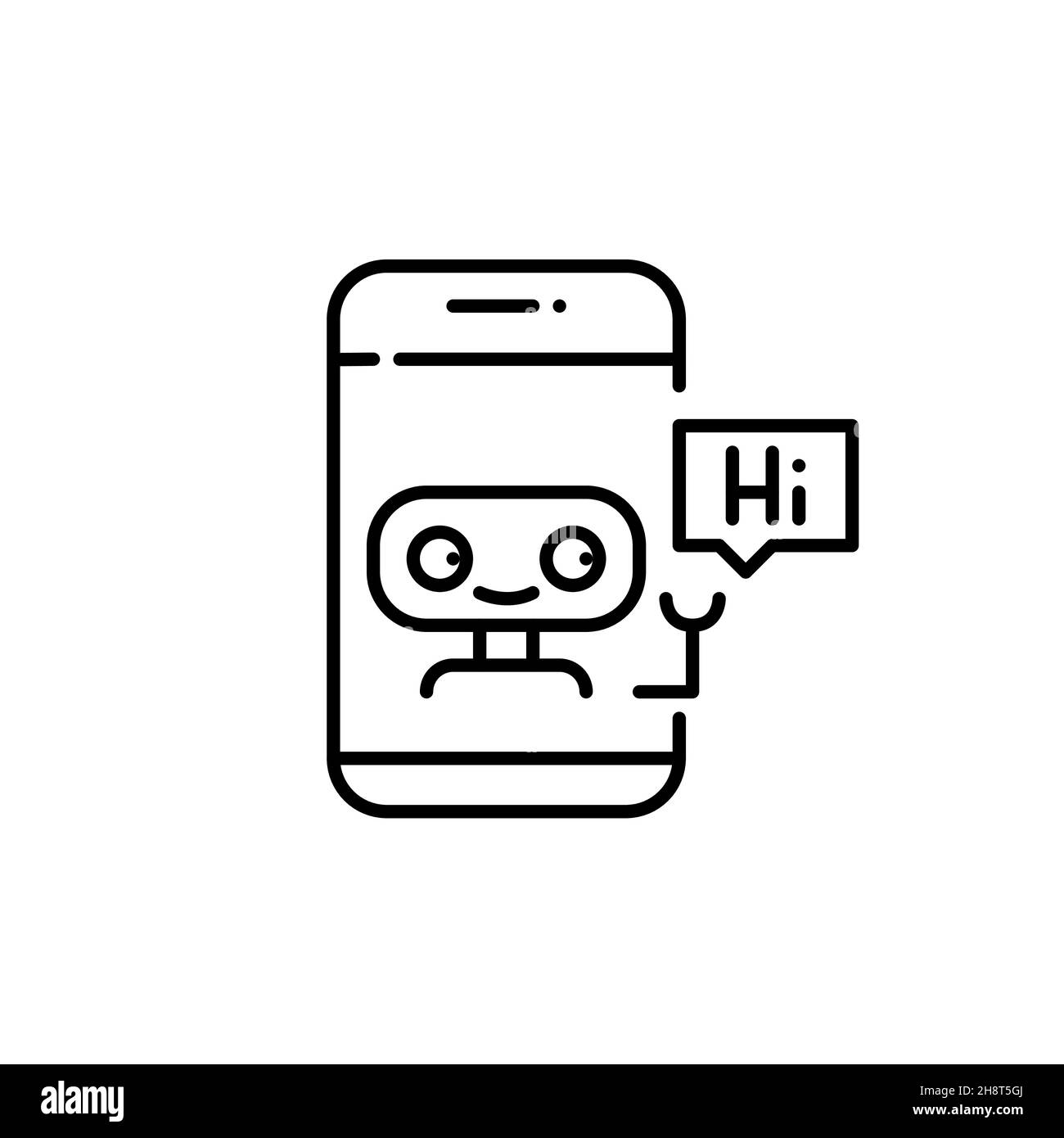 Assistant virtuel personnel dans un smartphone.Intelligence artificielle robot mignon dire bonjour dans une discussion.Pixel parfait, contour modifiable Illustration de Vecteur