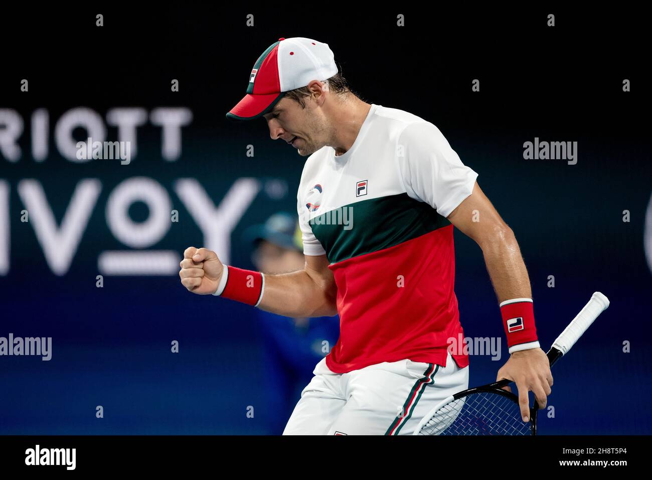 SYDNEY, AUSTRALIE - 12 JANVIER : Dusan Lajovic, de Serbie, tire son poing lors de la dix e journée de la finale des singles à la coupe ATP tennis 2020 à l'arène Ken Rosewall le 12 janvier 2020 à Sydney, en Australie. Banque D'Images