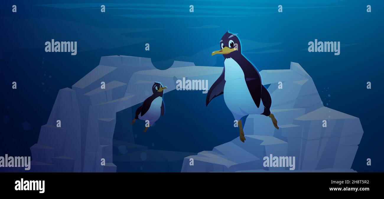 Les pingouins nagent sous l'eau dans l'océan antarctique.Illustration vectorielle des oiseaux marins nageant en mer dans l'Antarctique avec icebergs et glaciers sous l'eau Illustration de Vecteur
