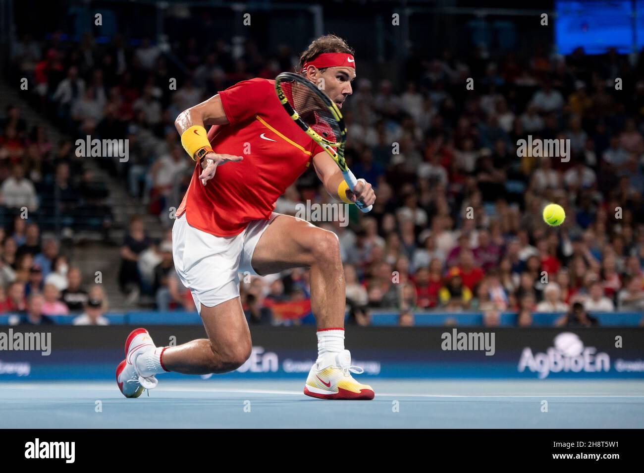 SYDNEY, AUSTRALIE - 12 JANVIER : Rafael Nadal d'Espagne joue un revers lors de la dixième journée de la finale des singles à la coupe ATP tennis 2020 à la Ken Rosewall Arena le 12 janvier 2020 à Sydney, en Australie. Banque D'Images