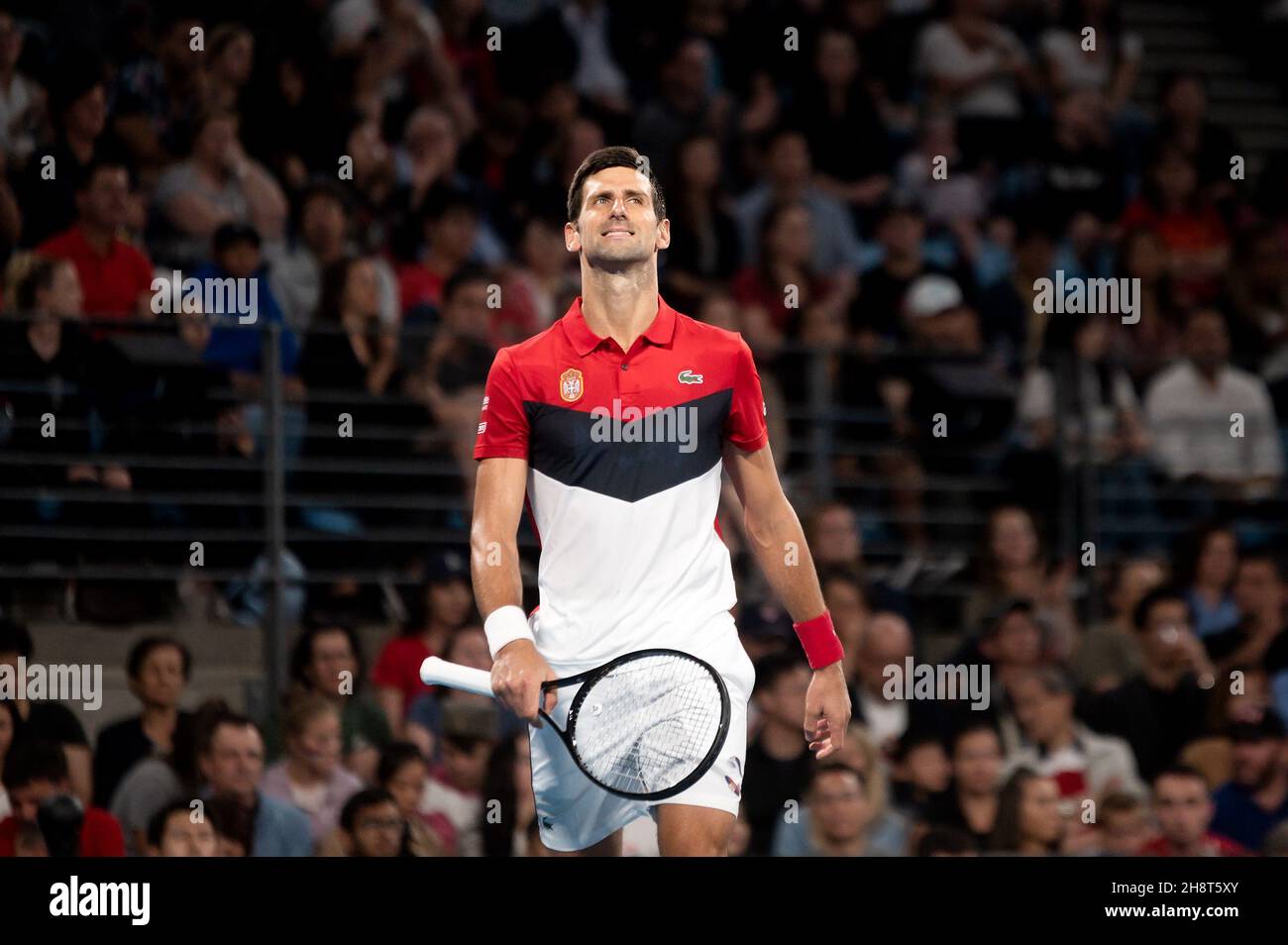 SYDNEY, AUSTRALIE - 12 JANVIER : Novak Djokovic de Serbie sourit lors de la dixième journée de la finale de la coupe ATP 2020 au Ken Rosewall Arena le 12 janvier 2020 à Sydney, en Australie. Banque D'Images