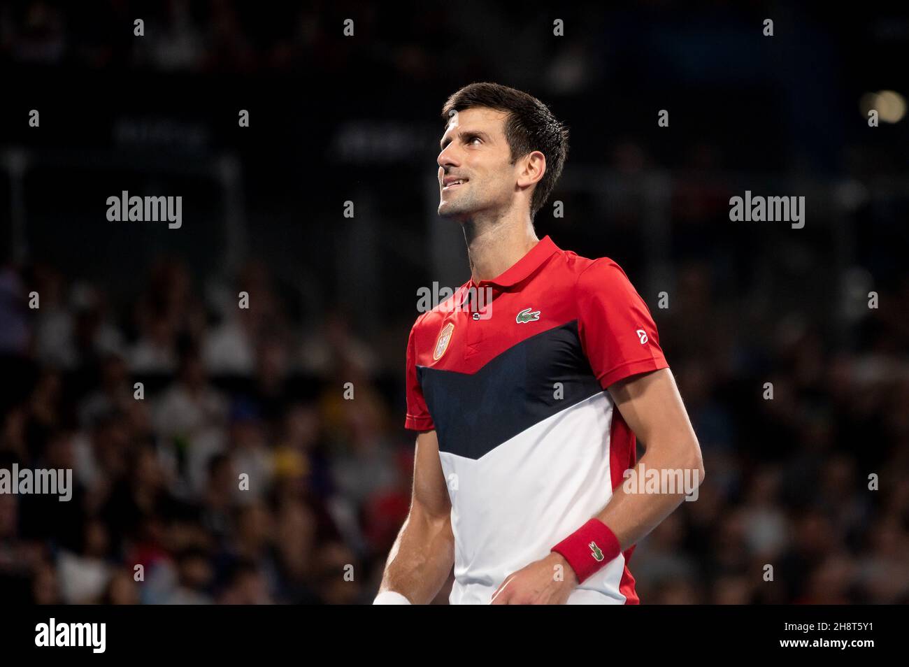 SYDNEY, AUSTRALIE - 12 JANVIER : Novak Djokovic de Serbie sourit lors de la dixième journée de la finale de la coupe ATP 2020 au Ken Rosewall Arena le 12 janvier 2020 à Sydney, en Australie. Banque D'Images