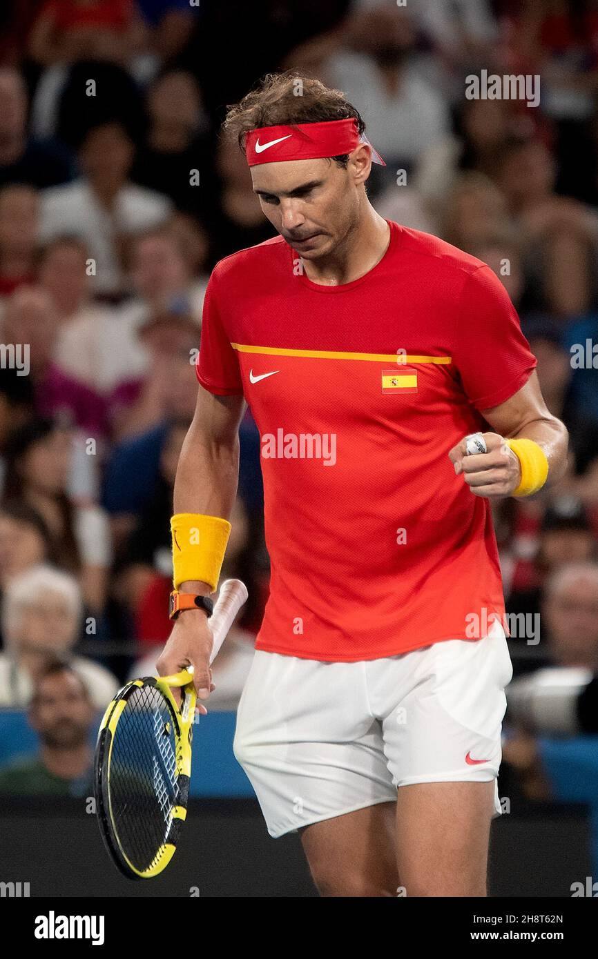 SYDNEY, AUSTRALIE - 12 JANVIER : Rafael Nadal, d'Espagne, tire son poing lors de la dix e journée de la finale des singles à la coupe ATP tennis 2020 à la Ken Rosewall Arena le 12 janvier 2020 à Sydney, en Australie. Banque D'Images
