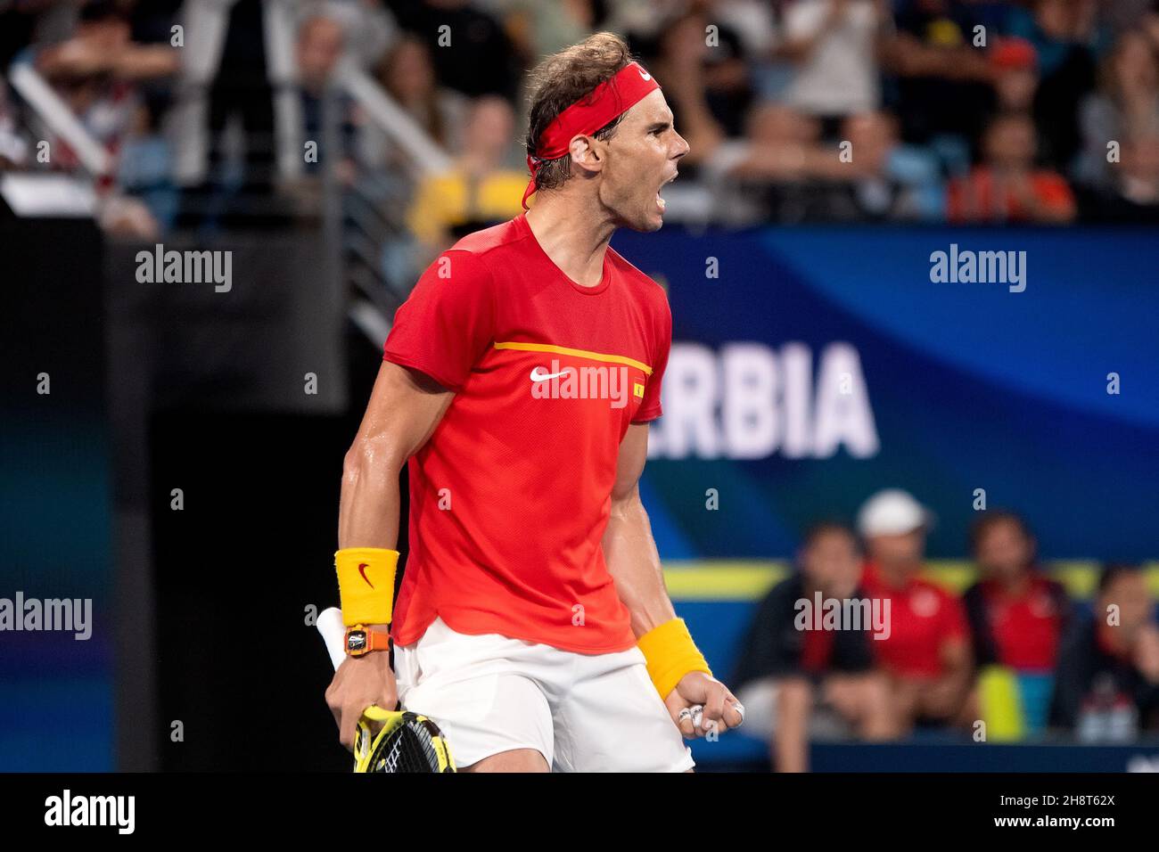 SYDNEY, AUSTRALIE - 12 JANVIER : Rafael Nadal, d'Espagne, s'éveille au cours de la dixième journée de la finale des singles à la coupe ATP de tennis 2020 à la Ken Rosewall Arena le 12 janvier 2020 à Sydney, en Australie. Banque D'Images