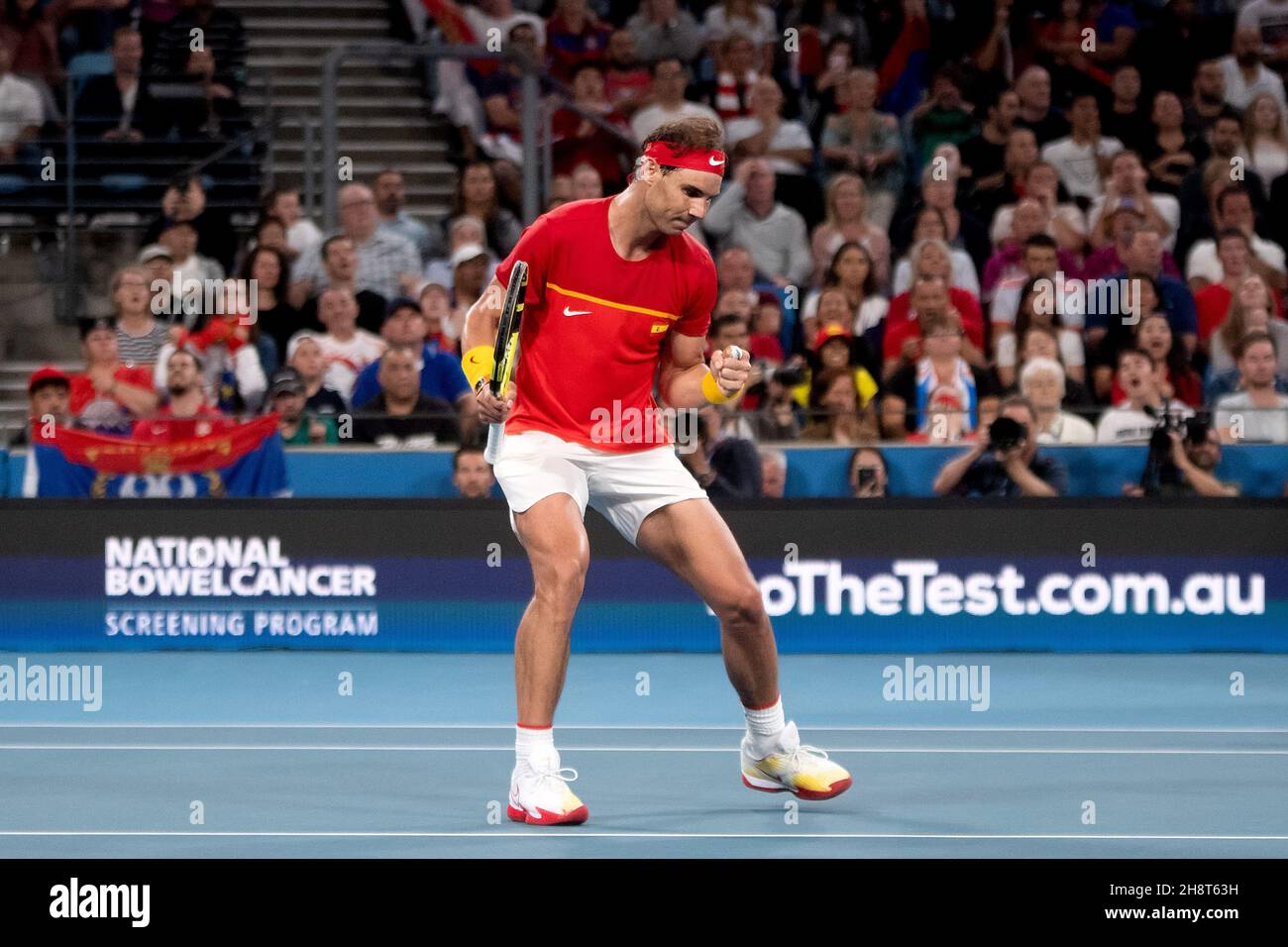 SYDNEY, AUSTRALIE - 12 JANVIER : Rafael Nadal, d'Espagne, tire son poing lors de la dix e journée de la finale des singles à la coupe ATP tennis 2020 à la Ken Rosewall Arena le 12 janvier 2020 à Sydney, en Australie. Banque D'Images