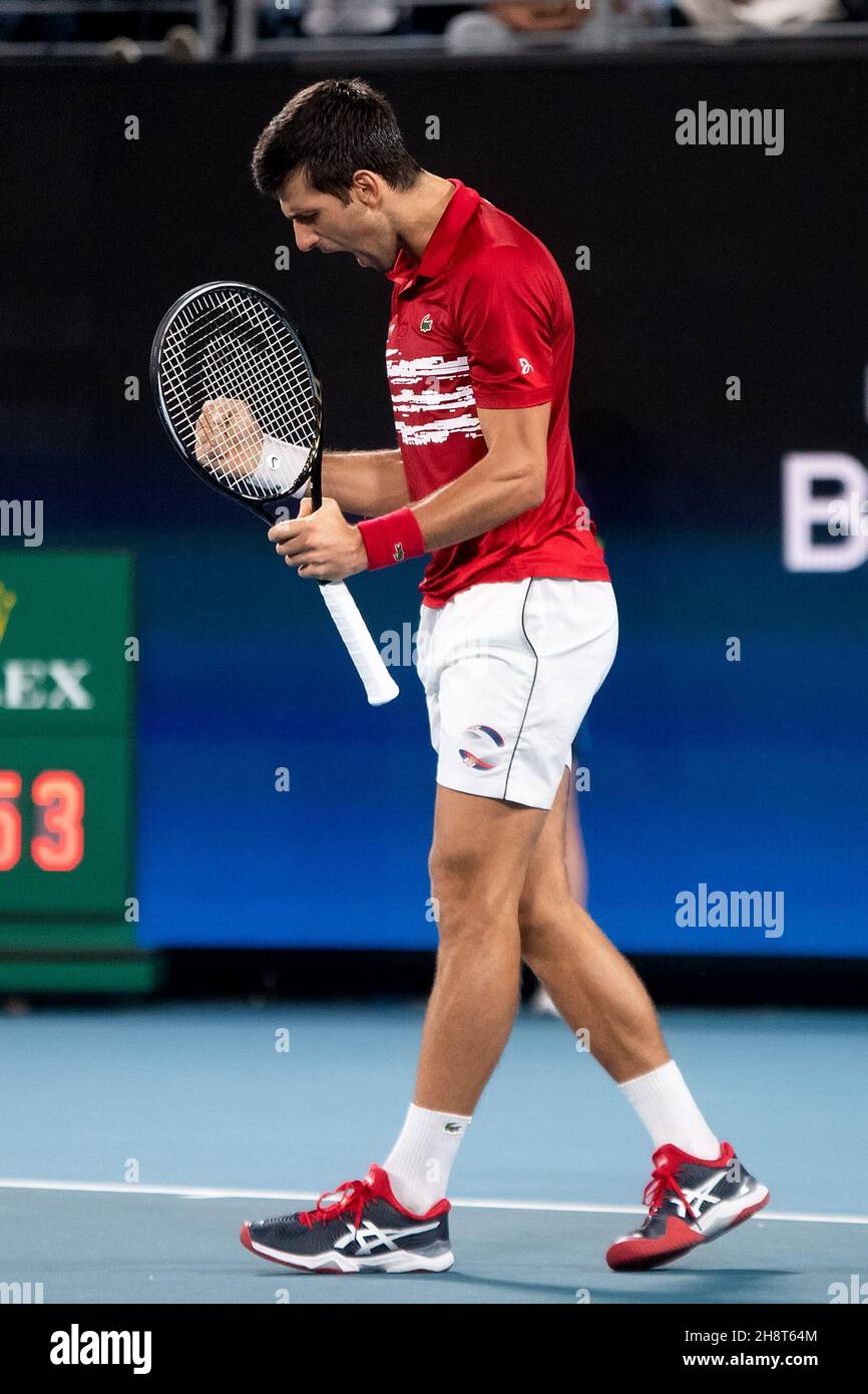 SYDNEY, AUSTRALIE - 12 JANVIER : Novak Djokovic de Serbie s'éveille au cours du dixième jour de la finale des matchs de la coupe ATP 2020 au Ken Rosewall Arena le 12 janvier 2020 à Sydney, en Australie. Banque D'Images