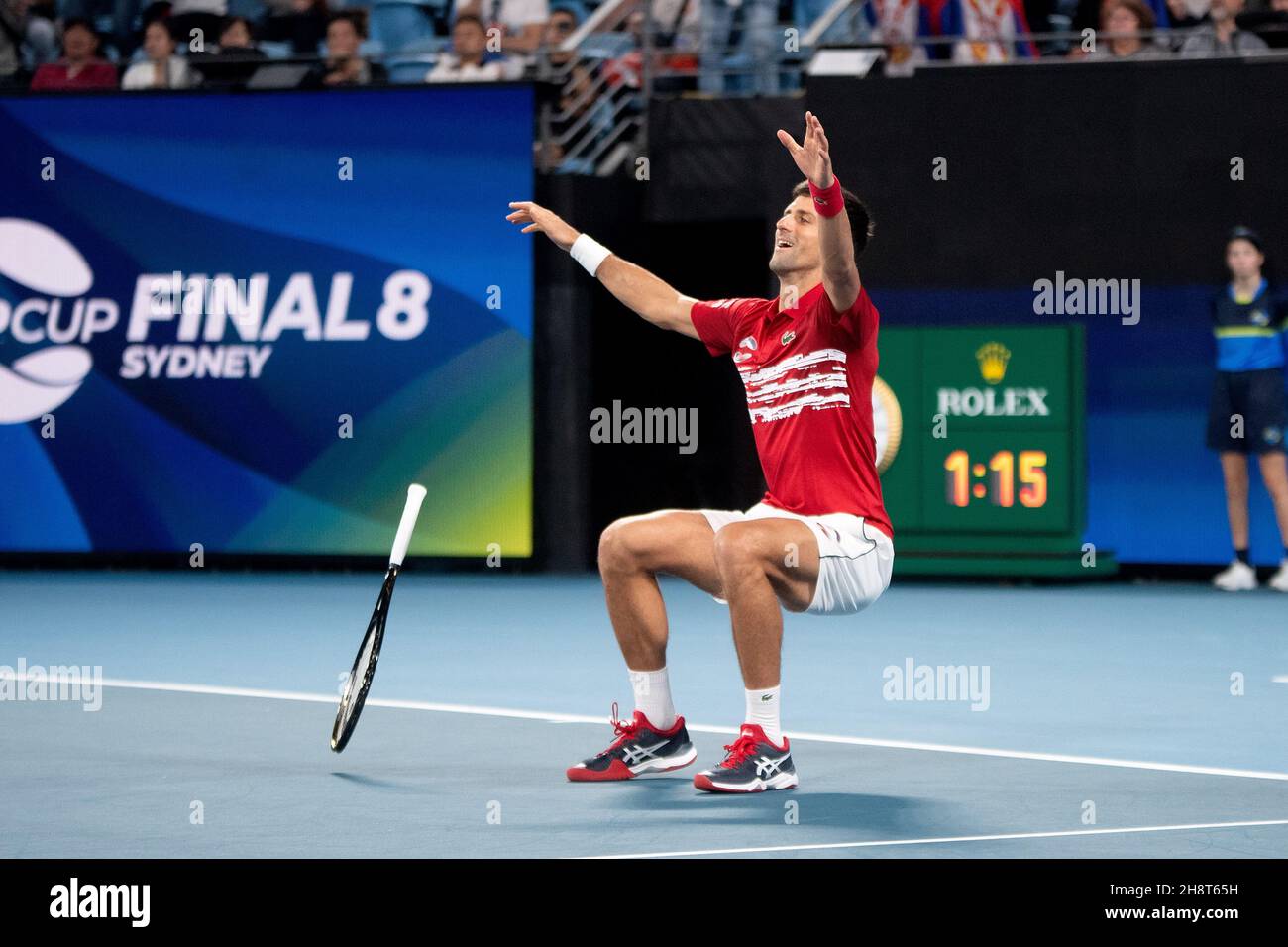 SYDNEY, AUSTRALIE - 12 JANVIER : Novak Djokovic, de Serbie, célèbre la victoire lors de la dixième journée de la finale du tournoi lors de la coupe ATP 2020 au Ken Rosewall Arena le 12 janvier 2020 à Sydney, en Australie. Banque D'Images