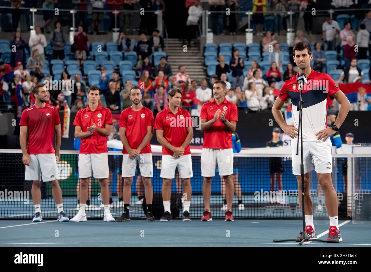 SYDNEY, AUSTRALIE - JANVIER 12 : Novak Djokovic de Serbie prend la parole lors de la présentation de la coupe ATP tennis 2020 à la Ken Rosewall Arena le 12 janvier 2020 à Sydney, en Australie. Banque D'Images