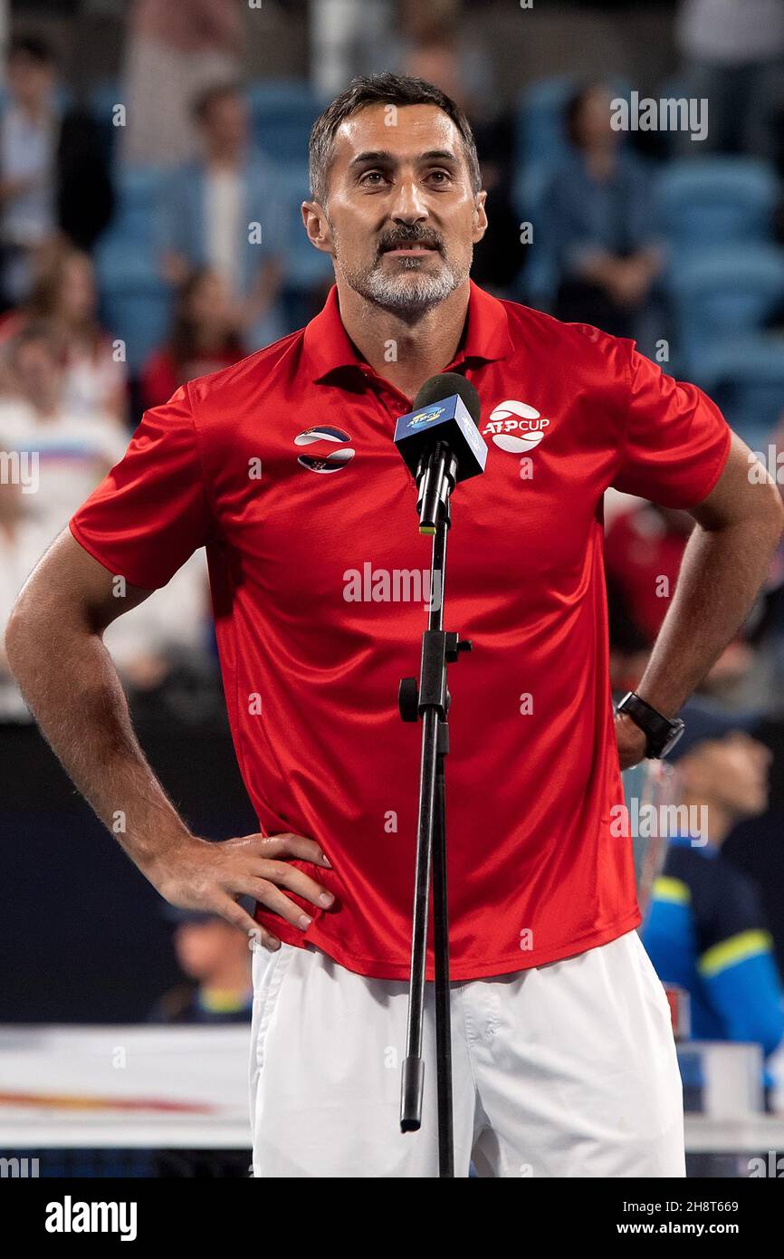 SYDNEY, AUSTRALIE - JANVIER 12 : l'entraîneur de l'équipe Sebia, Nenad Zimonjic, parle lors de la présentation à la coupe ATP tennis 2020 à l'arène Ken Rosewall le 12 janvier 2020 à Sydney, en Australie. Banque D'Images