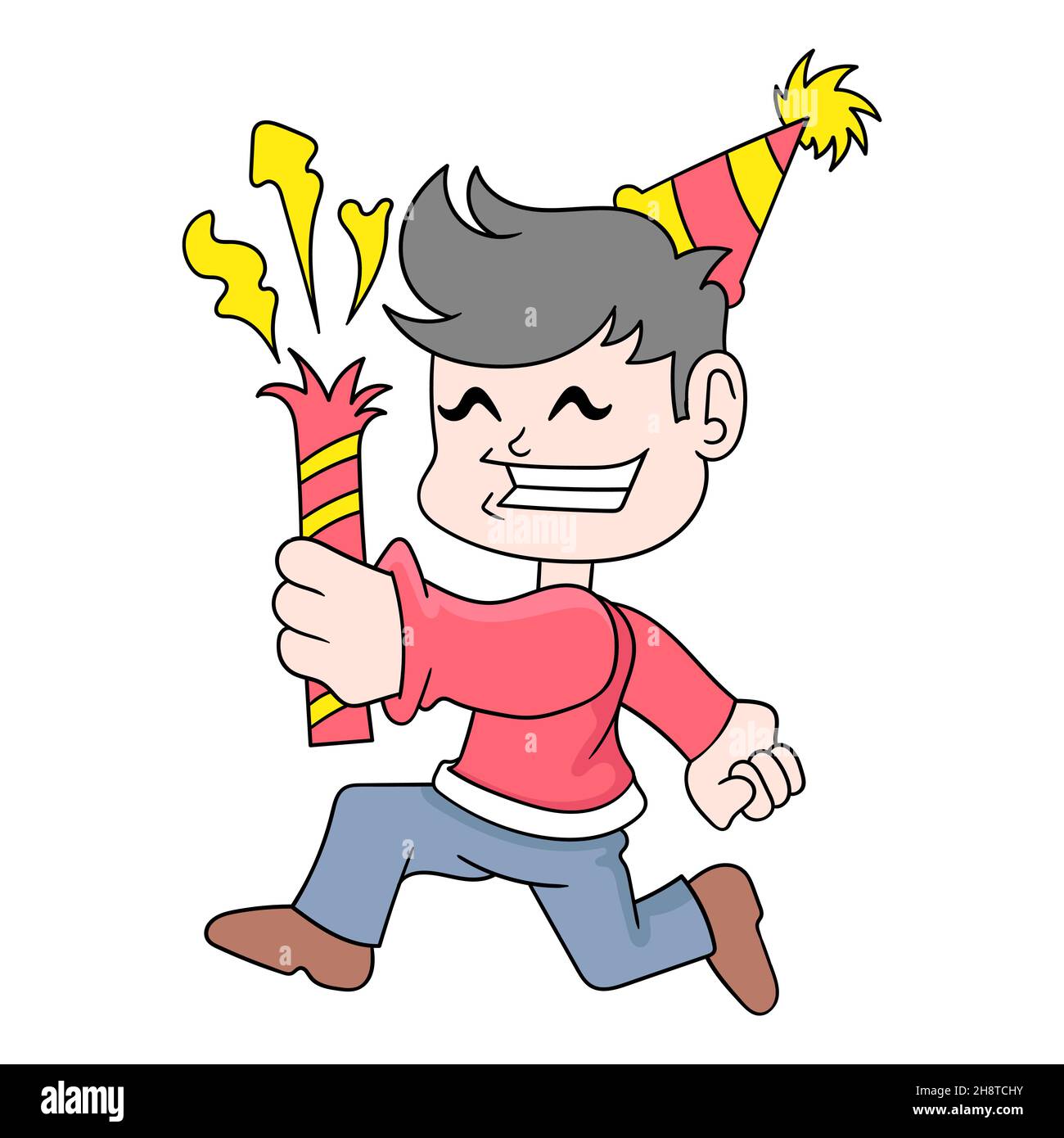 garçon célèbre la nouvelle année en mettant des feux d'artifice, illustration vectorielle art. doodle icône image kawaii. Illustration de Vecteur
