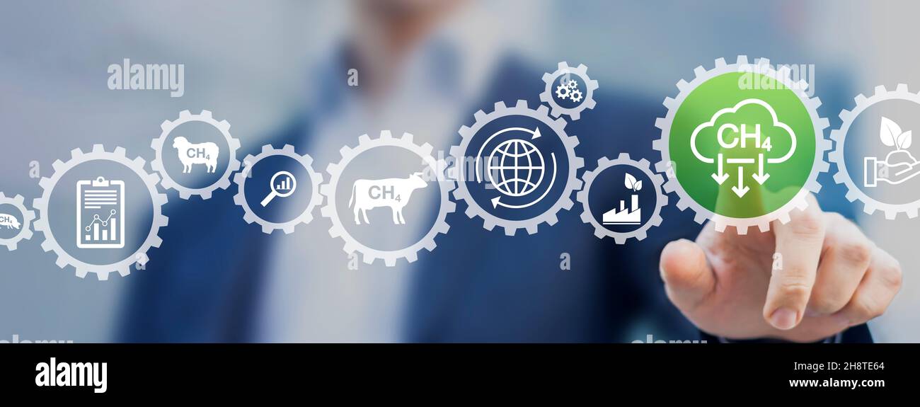 Réduire les émissions de CH4 pour limiter le réchauffement planétaire et le changement climatique.Réduction du méthane des gaz à effet de serre provenant de l'élevage et de l'agriculture, des combustibles fossiles et de l'industrie Banque D'Images