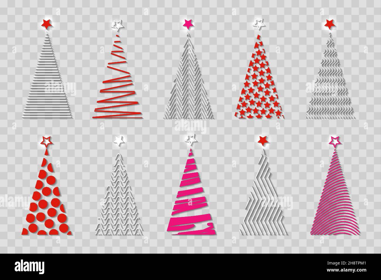 Ensemble de sapin de Noël stylisé à vecteur coloré, icône de logo festive, arbre géométrique en relief, isolé sur fond transparent Illustration de Vecteur
