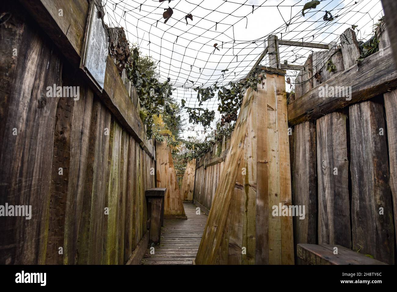 Sherwood Pines, Royaume-Uni - 19 novembre, 2021: Loisirs les tranchées de première ligne de la première Guerre mondiale dans le cadre d'un mémorial dans la forêt de pins de Sherwood, dans le Notinghamshire, Royaume-Uni Banque D'Images