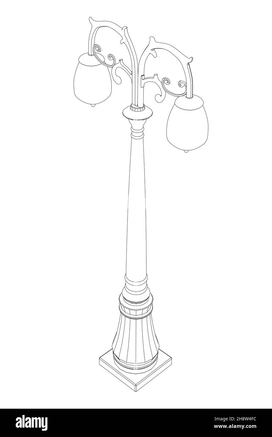 Contour d'une lampe décorative de rue à partir de lignes noires isolées sur un fond blanc.Vue isométrique.Illustration vectorielle. Illustration de Vecteur