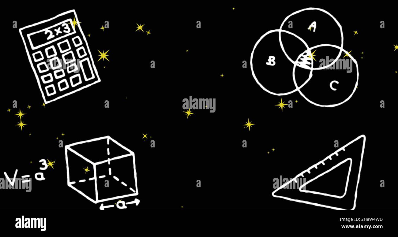 Image d'icônes de sciences et de mathématiques sur fond noir, au-dessus des étoiles Banque D'Images