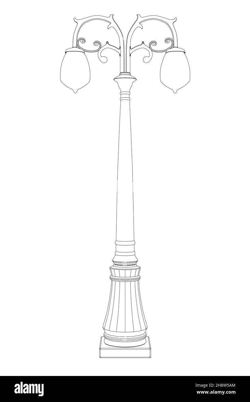 Contour d'une lampe décorative de rue à partir de lignes noires isolées sur un fond blanc.Vue avant.Illustration vectorielle. Illustration de Vecteur