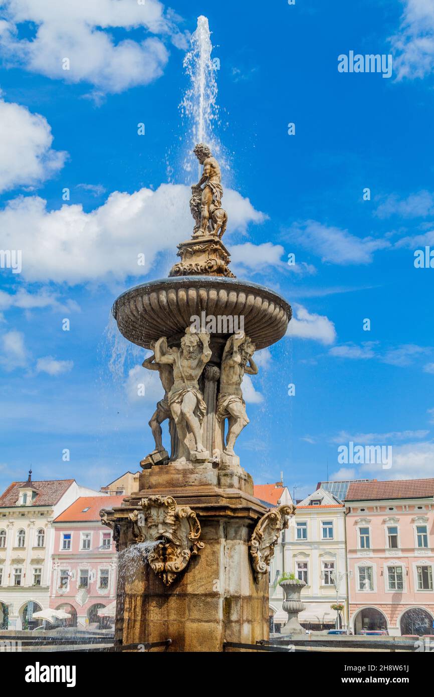 Fontaine de la place Premysl Otakar II à Ceske Budejovice, République tchèque Banque D'Images