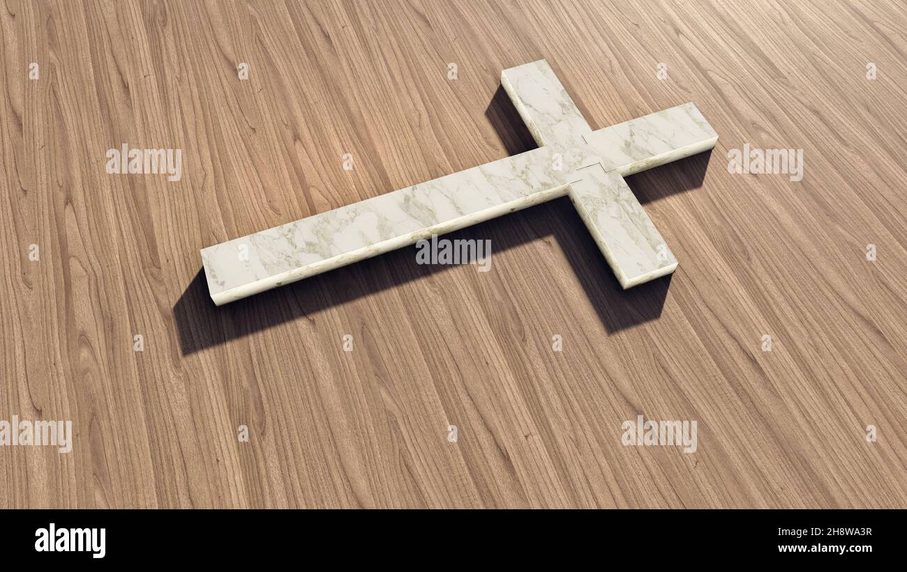 Concept ou concept de croix de marbre blanc sur un fond de bois naturel ou de terrasse en bois. métaphore de l'illustration 3d pour Dieu, Christ, religieux, foi, Saint Banque D'Images