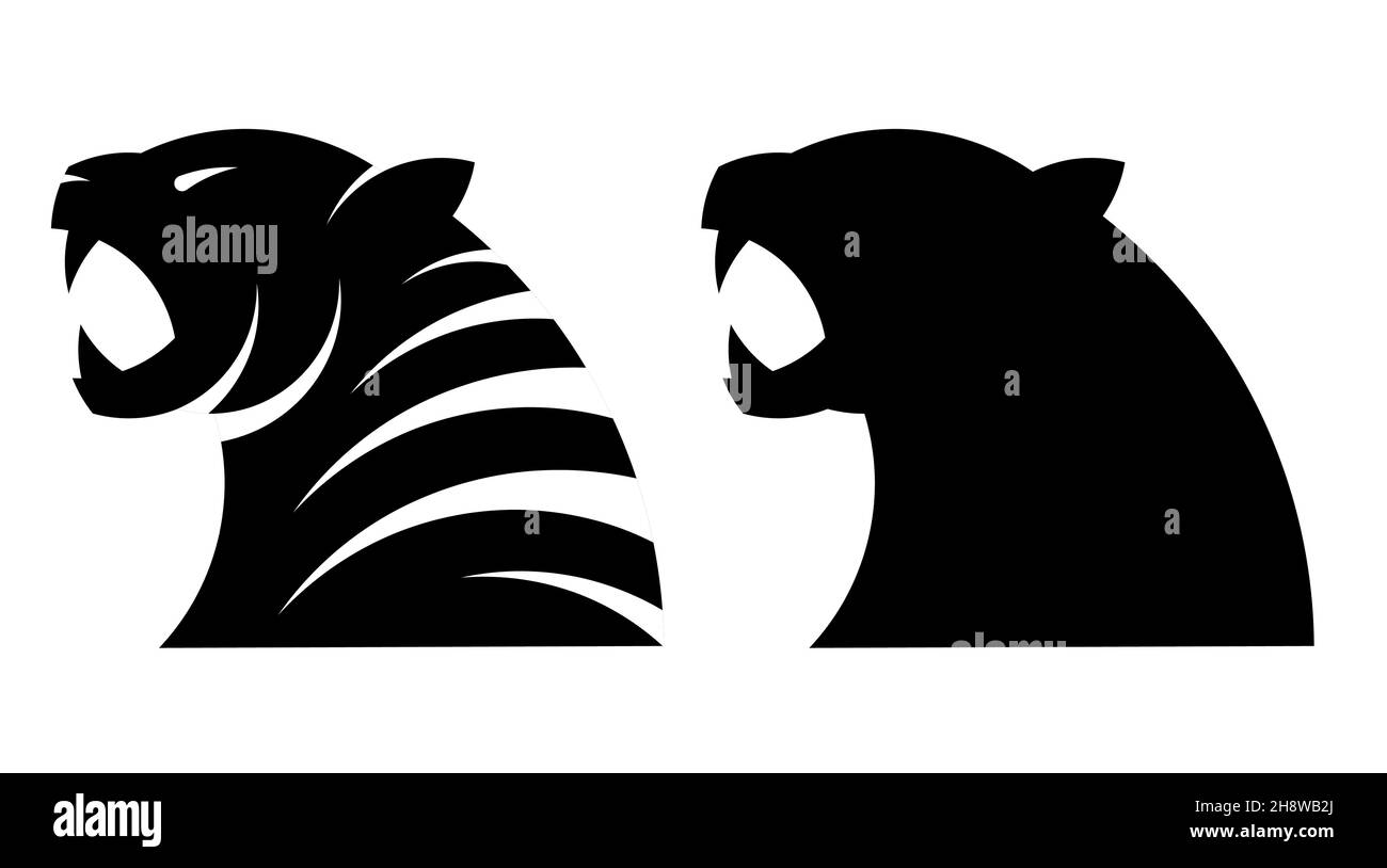 Silhouettes de tête de tigre en colère rugissant avec une bouche ouverte et des dents pointues.Symbole, emblème de la nouvelle année 2022.Simple vecteur noir et blanc isolé sur Illustration de Vecteur