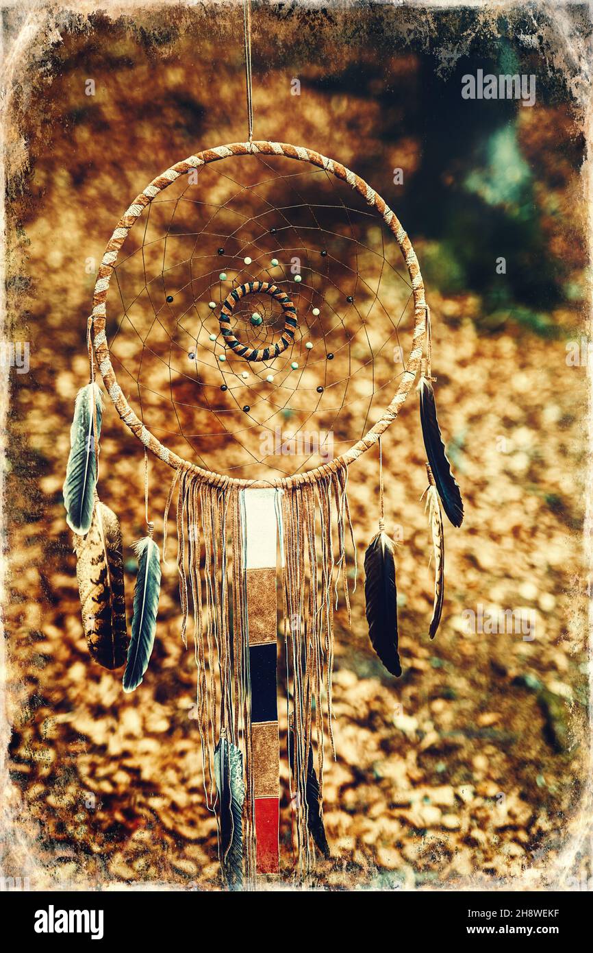 Dream Catcher sur fond naturel, amulette ethnique. Banque D'Images
