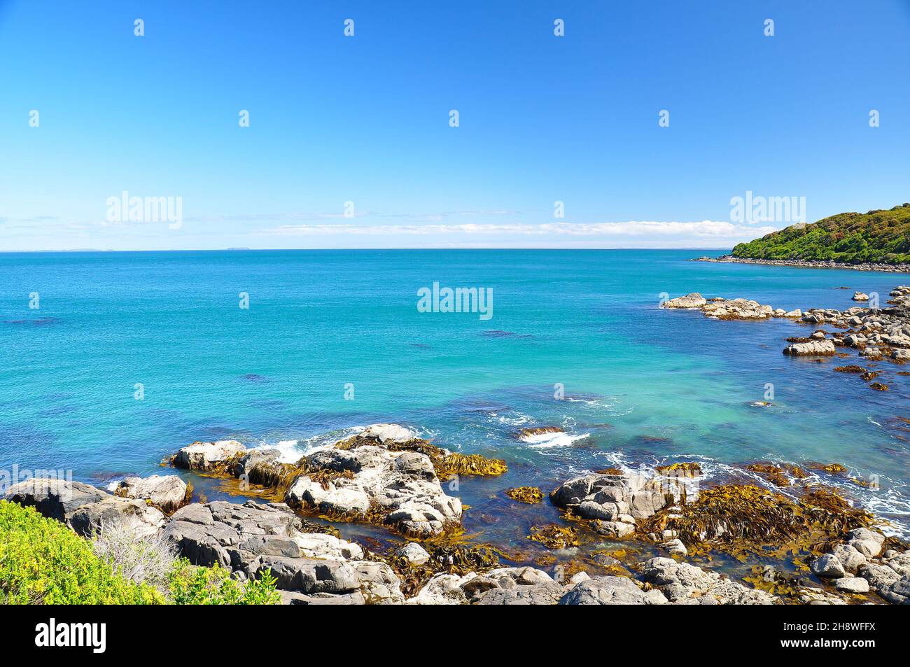Vue sur l'océan depuis la plage rocheuse de Bluff, Nouvelle-Zélande.Bluff est une ville et un port maritime dans la région de Southland, sur la côte sud de l'île du Sud de N Banque D'Images