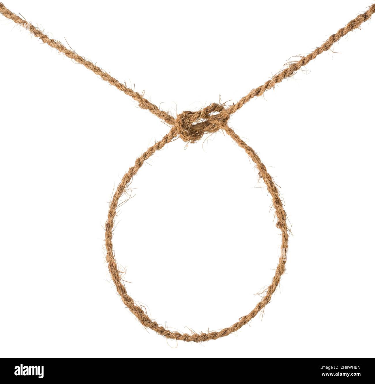 corde en fibre de coco en fibre de coco avec nœud et boucle, corde imperméable et écologique faite à la main isolée sur fond blanc Banque D'Images