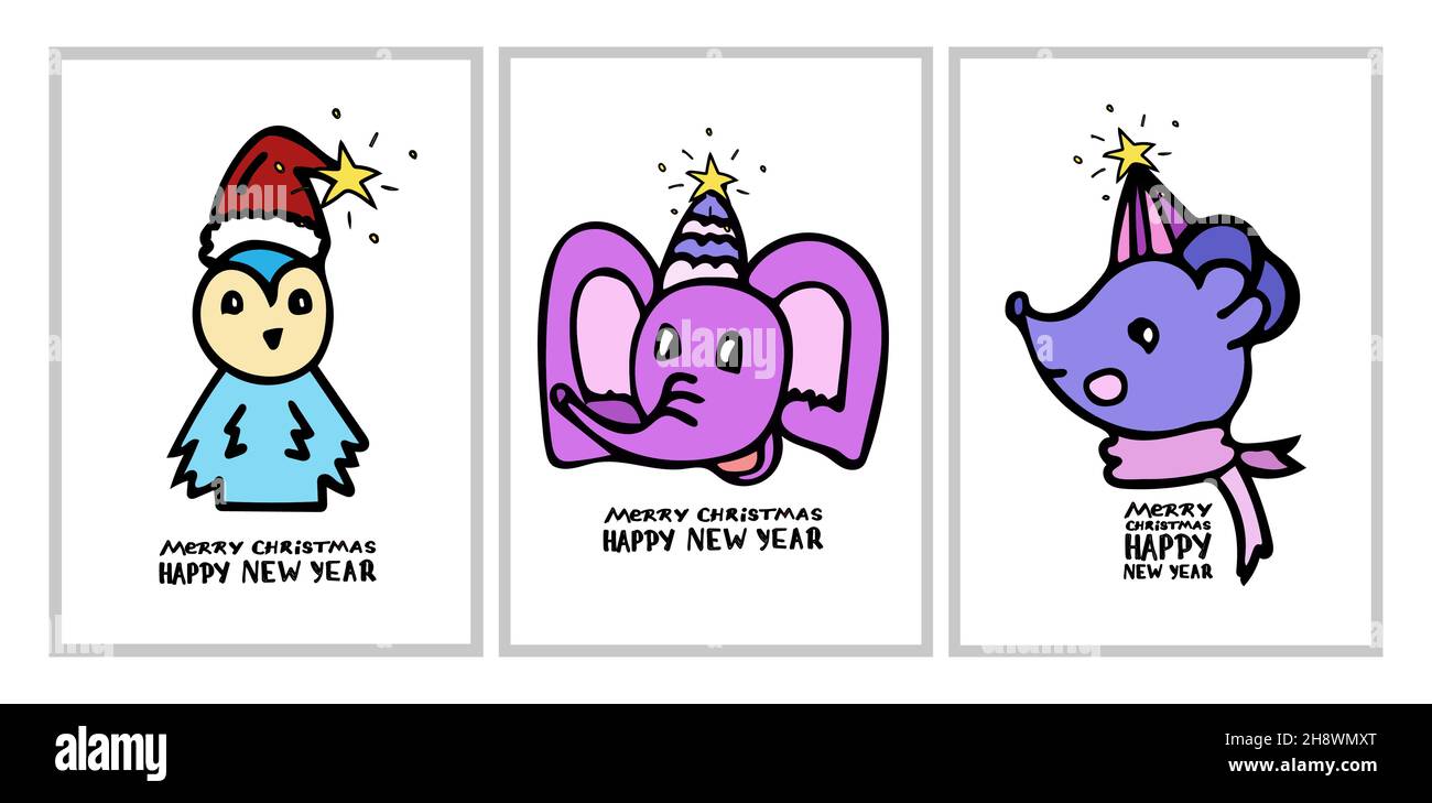Un ensemble de cartes pour Noël et le nouvel an avec un pingouin coloré, un éléphant, une souris dans une casquette avec une étoile brillante et un foulard.Lettrage avec le Illustration de Vecteur