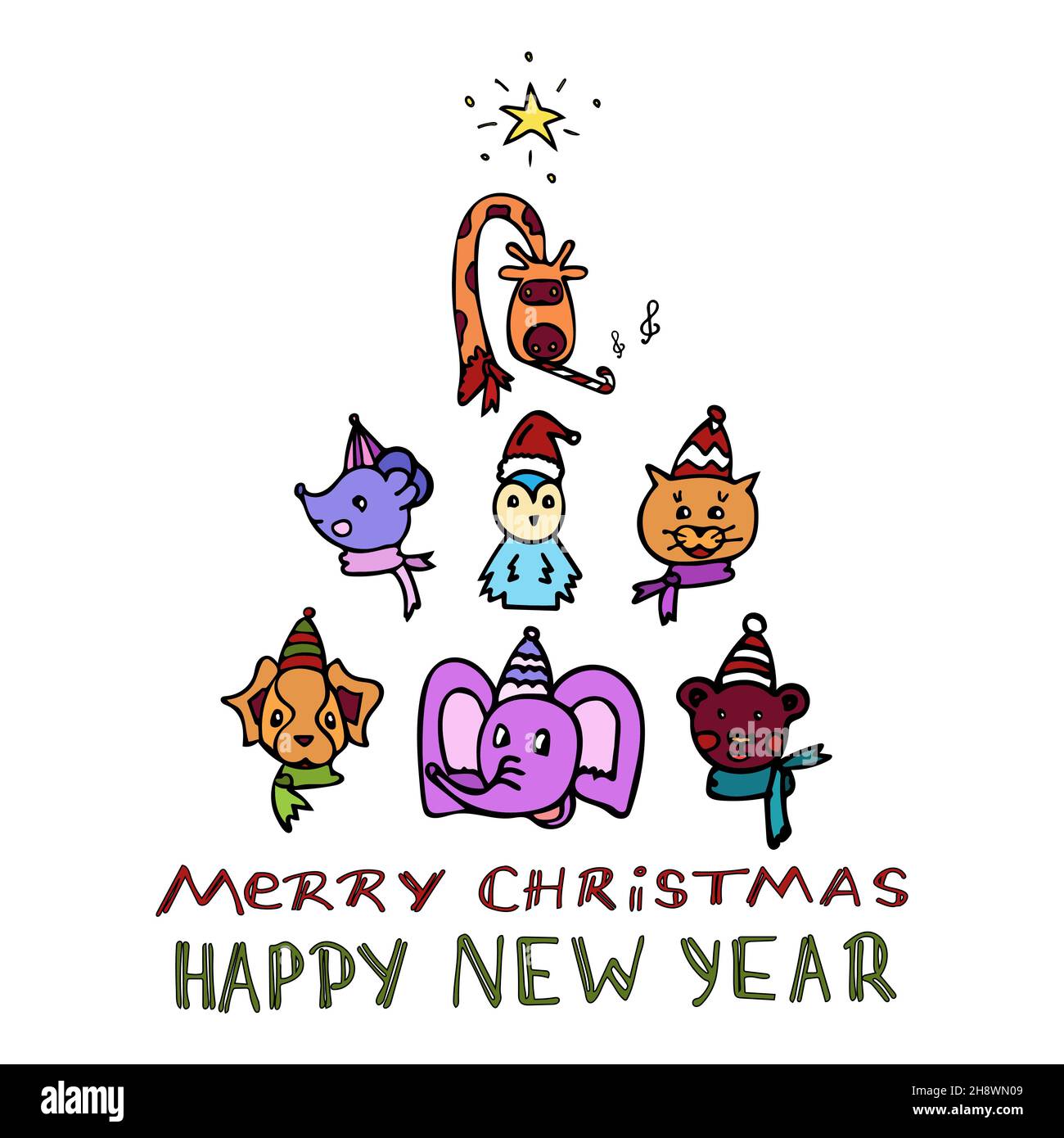 Ensemble d'animaux isolés disposés en forme d'arbre de Noël avec les inscriptions Noël et nouvel an.Portraits de tigres, girafe, chien Illustration de Vecteur