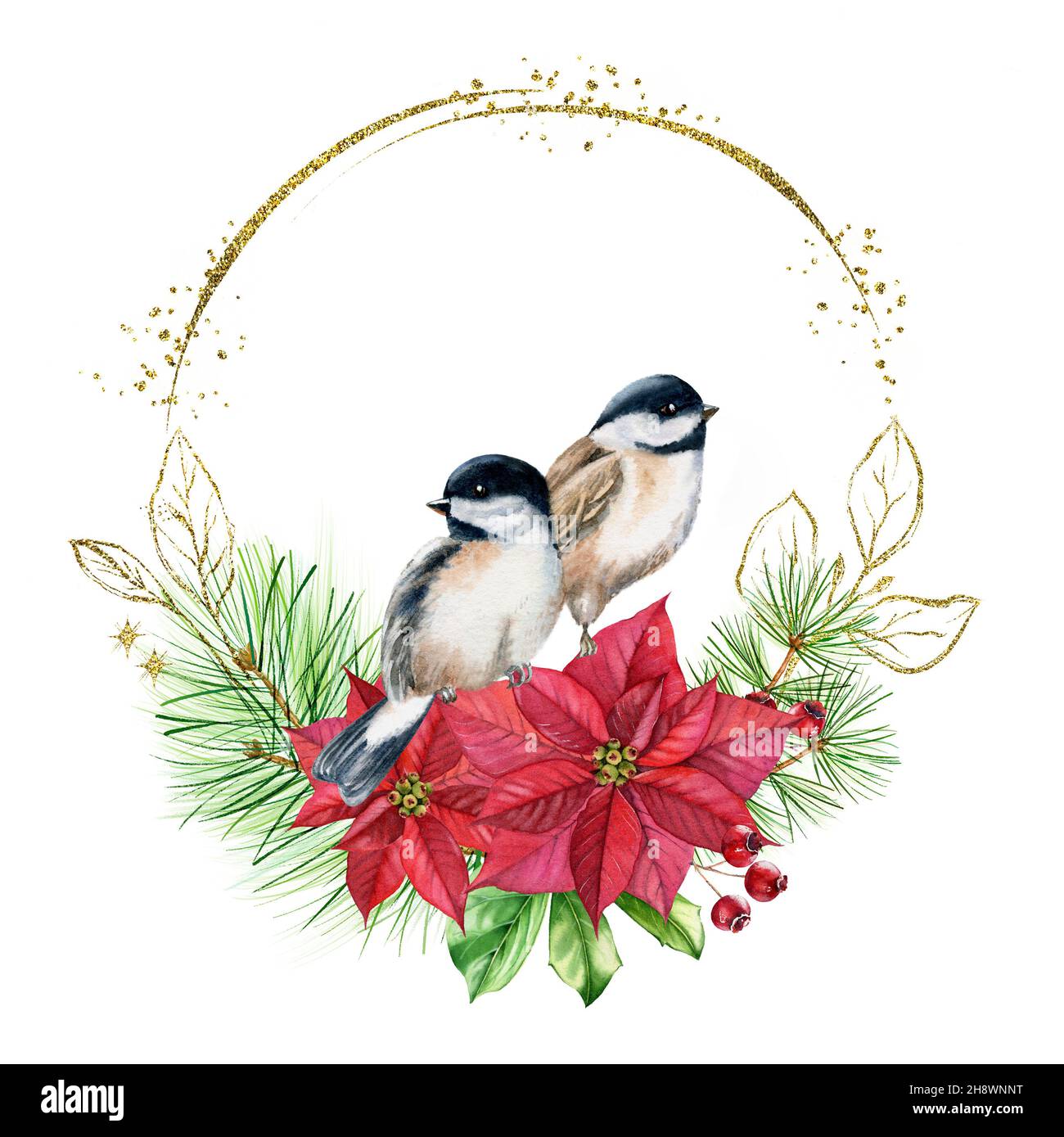 Couronne de Noël avec des oiseaux sur un bouquet de fleurs rouges.Carte postale aquarelle avec pin, poinsettia, feuille dorée à paillettes.Floral botanique Banque D'Images