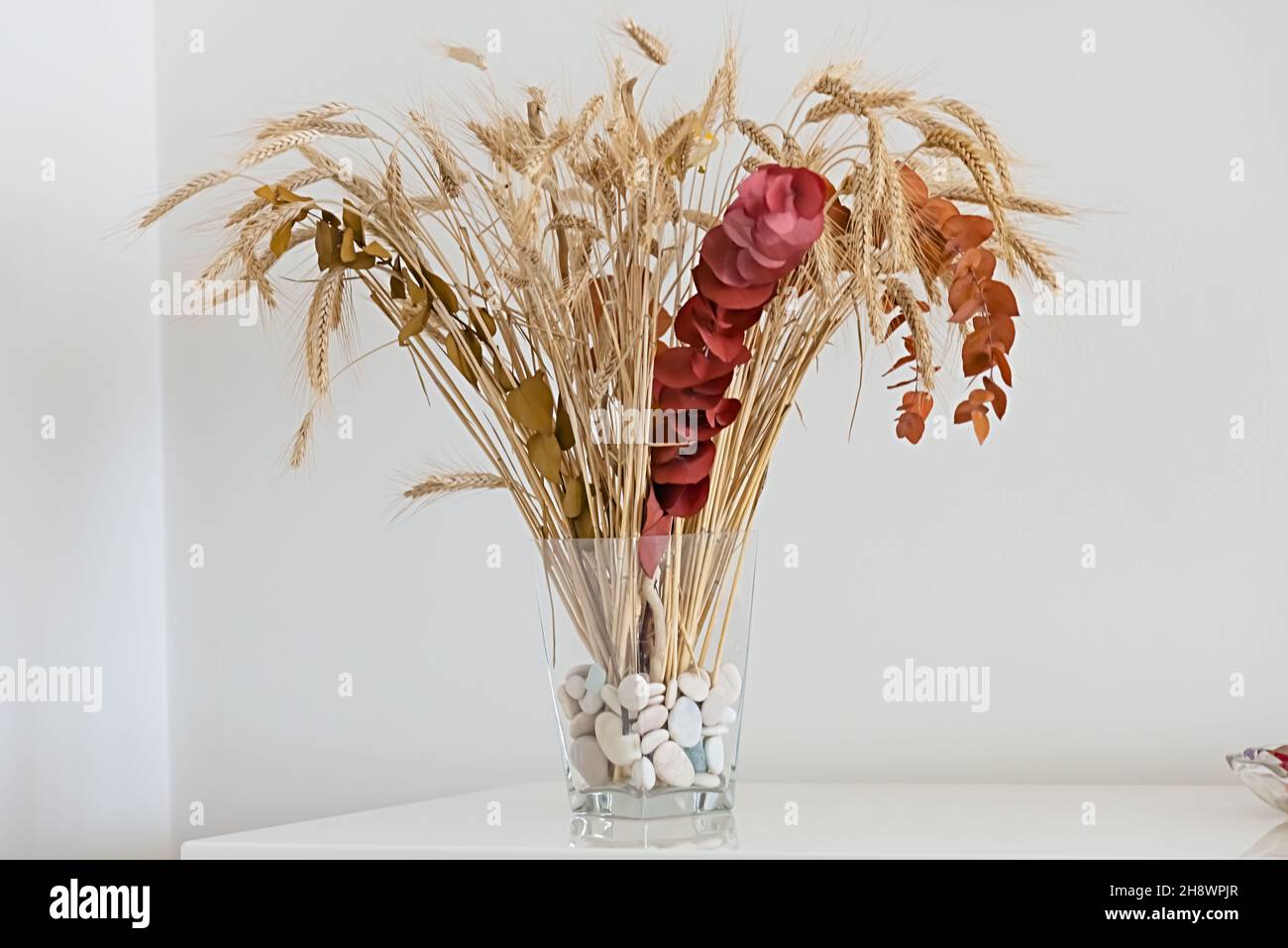 vaso di vetro con spighe di grano e fiori secchi Banque D'Images
