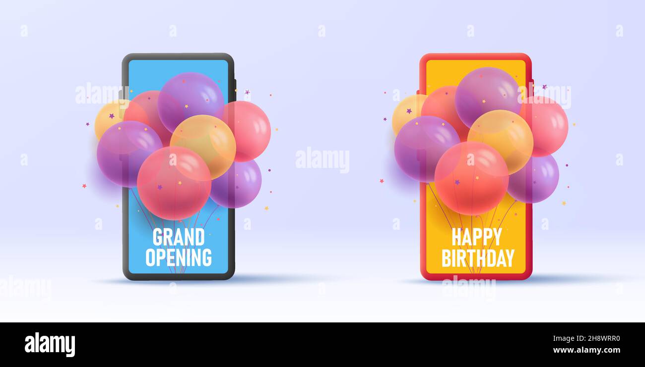 Illustration 3d D Un Smartphone Avec Un Bouquet De Ballons Qui Sortent De L Ecran Un Vert D Anniversaire Virtuel Ou Une Banniere D Ouverture Officielle Image Vectorielle Stock Alamy