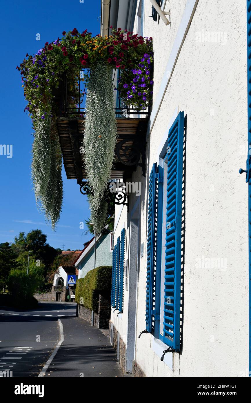 Autriche, maison avec balcon et fleurs suspendues dans la ville de Stainz Banque D'Images