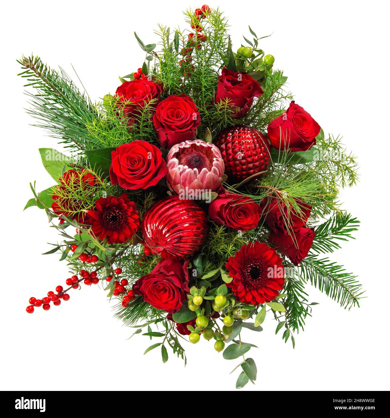 Vue de dessus de la disposition des fleurs.Bouquet de roses rouges avec décoration de Noël Banque D'Images
