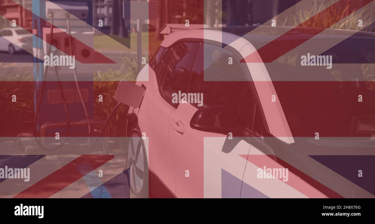 Double exposition du cric-raccord sur véhicule électrique à la station de charge Banque D'Images